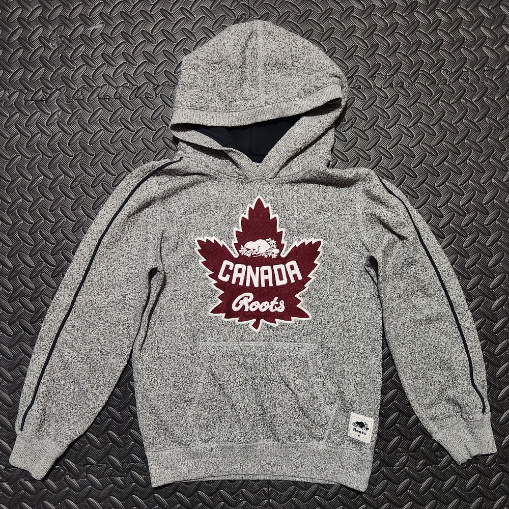 Roots Canada Charcoal Hoodie with Burgundy Maple Leaf